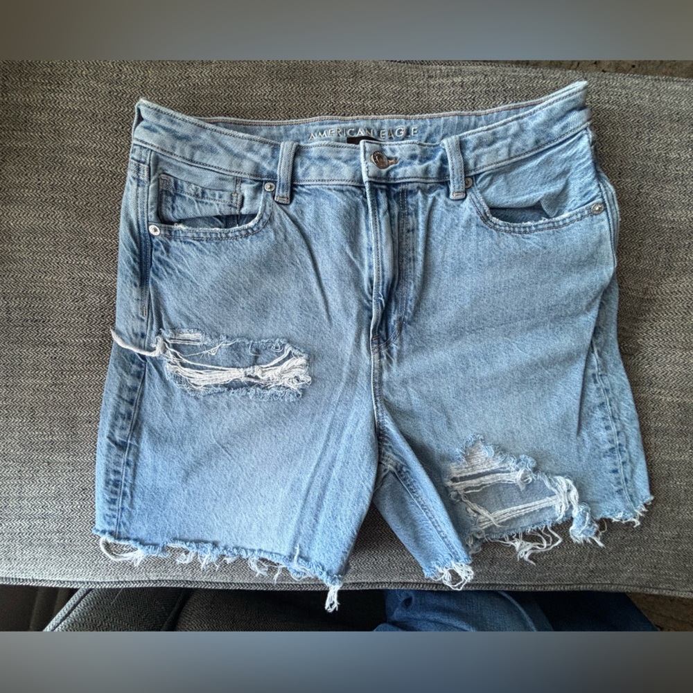 American Eagle Outfitters Light Blue Distressed “mom Jean” Denim Shorts